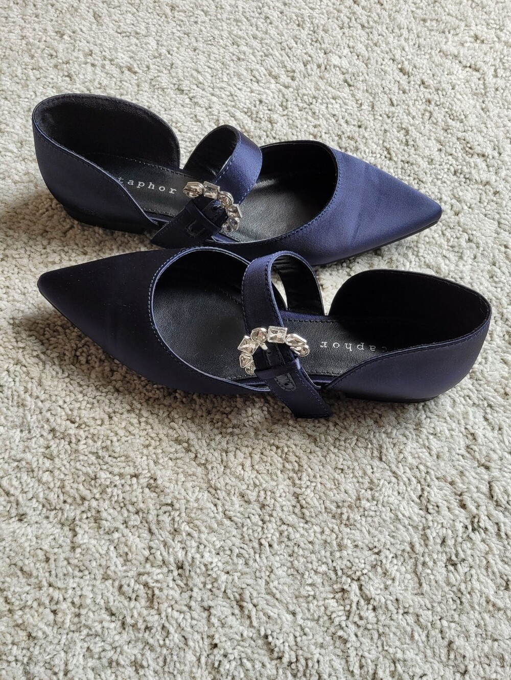 A Lovely Navy Satin Mary Jane With Pointed Toes And Jewelry